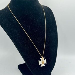 Vintage gold tone mother of pearl Celtic cross lighthouse pendant 18” necklace